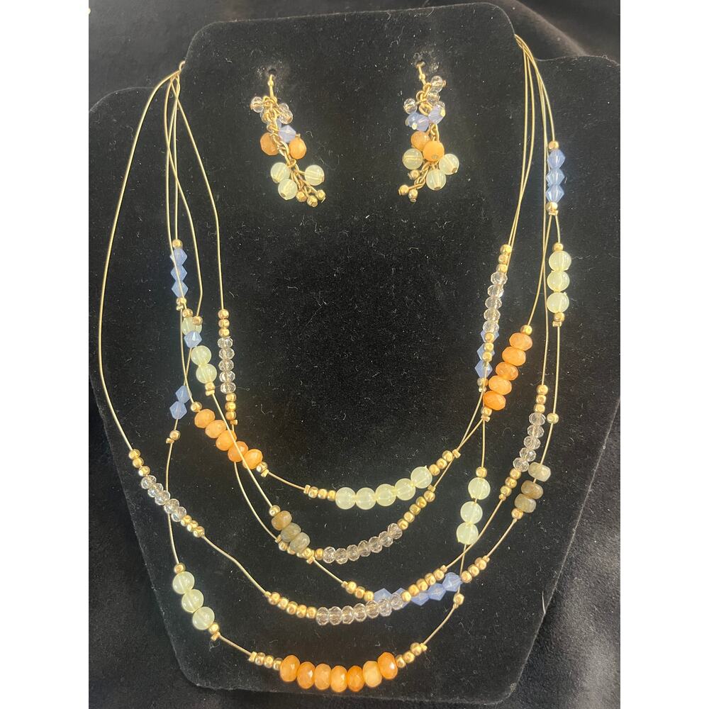 Multicolor Resin Beaded Necklace and Dangle Earrings - Matching Set